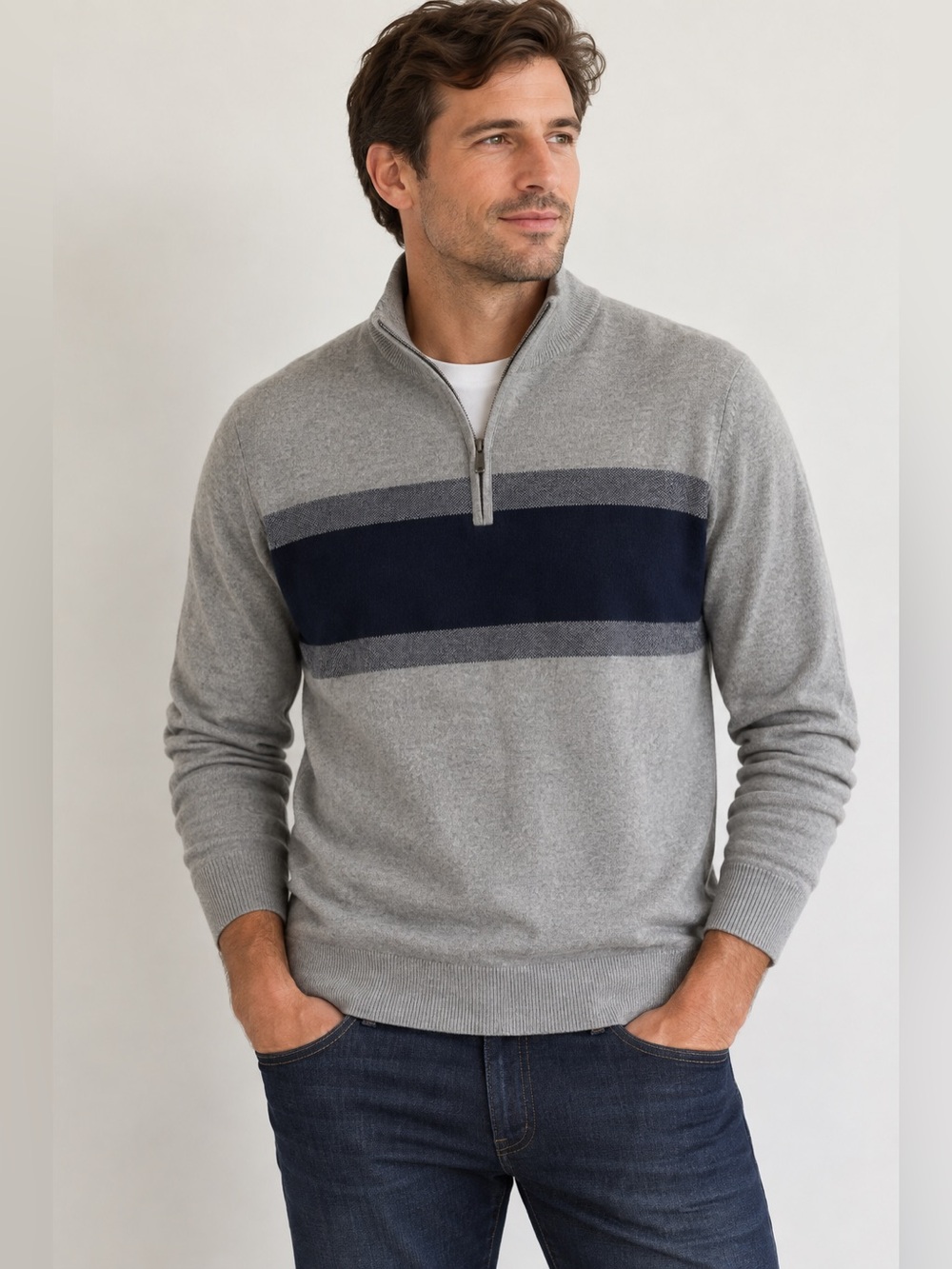 Cashmere Cotton Banana Republic Sweater | Quarter Zip | Gray Navy Stripe Tall M
